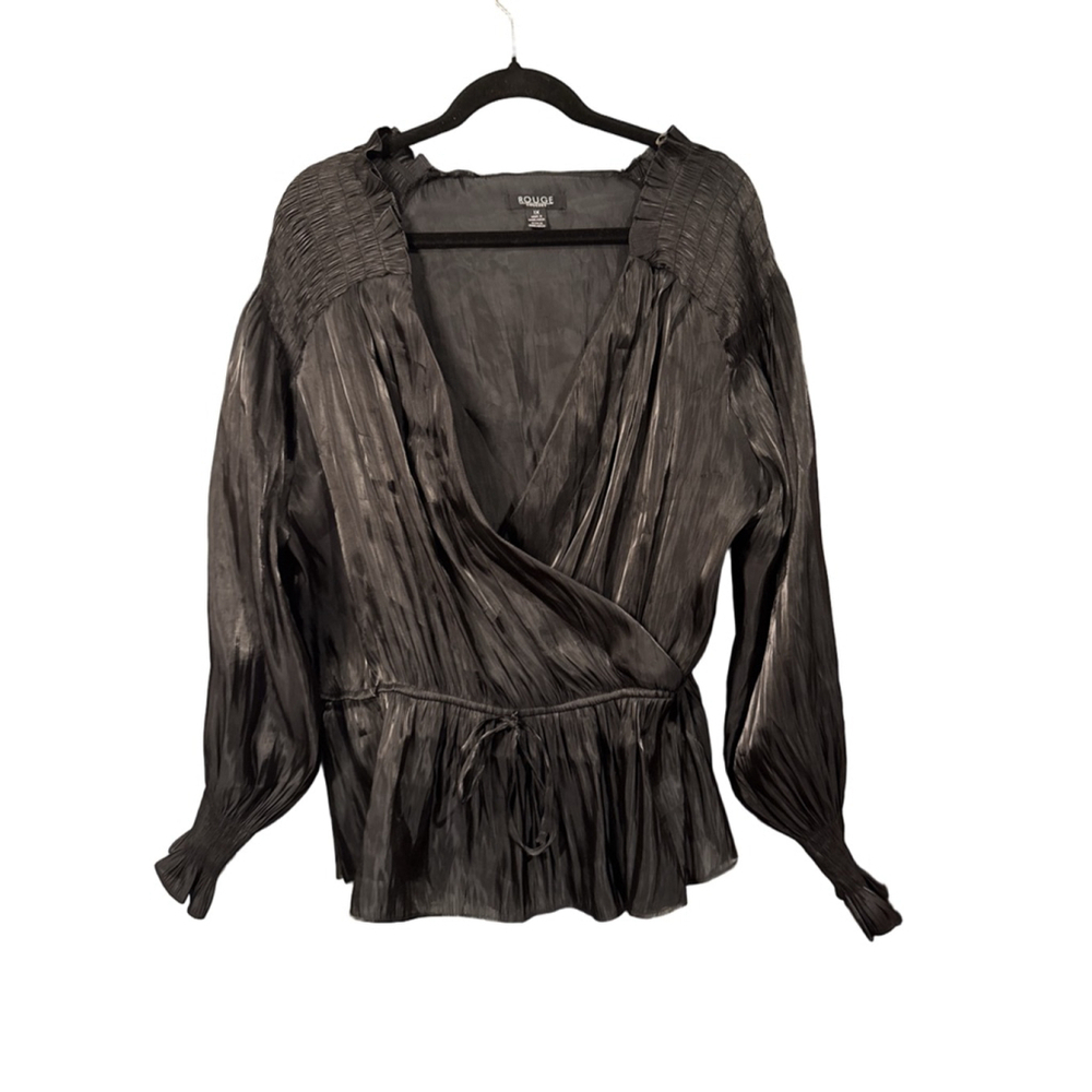 ROUGE Blouse 1X Black Metallic Crinkle Wrap Peplum Balloon Sleeve
 Blouse 1X